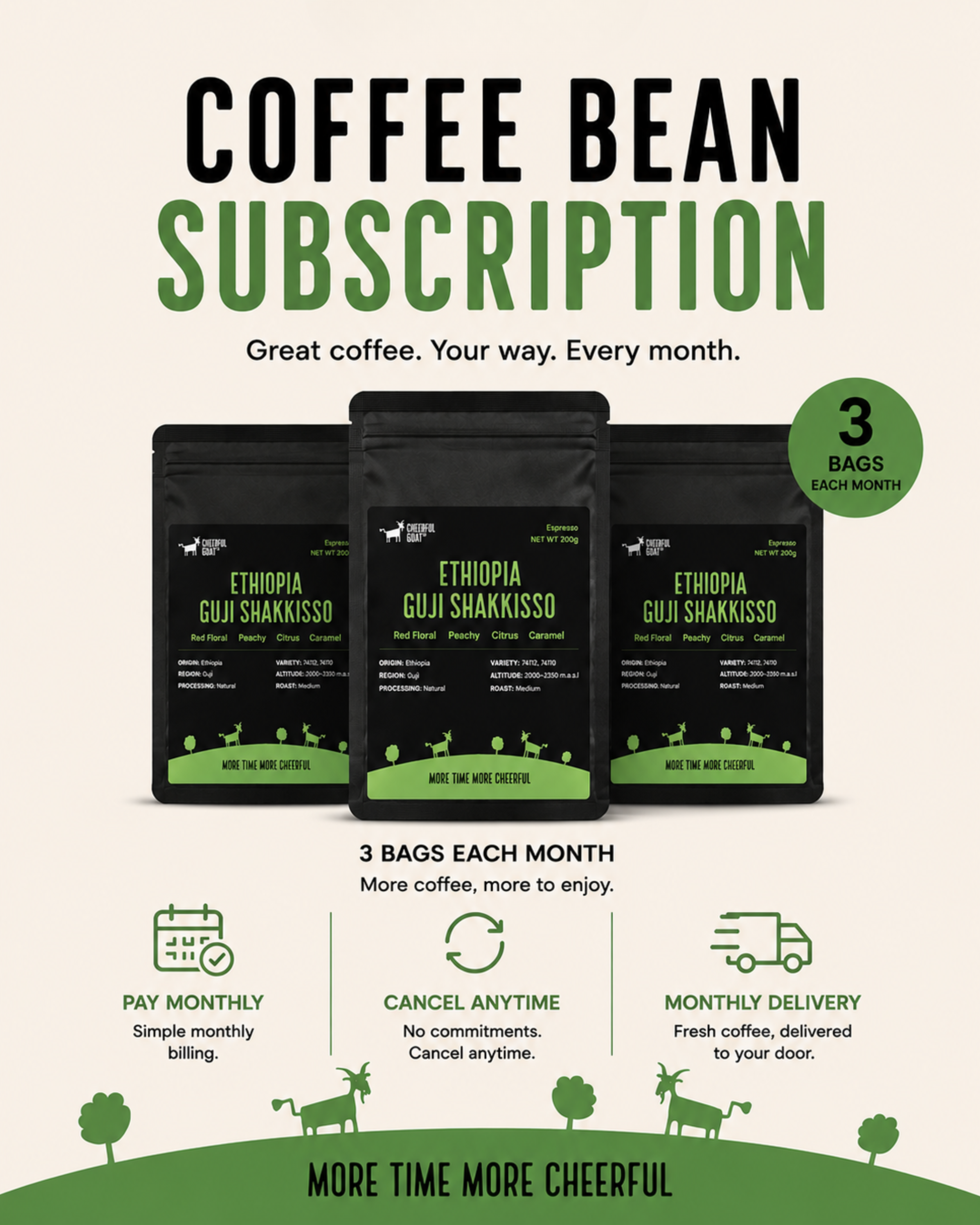 Cheerful Goat Ethiopia Guji  Shaakisso SOE Coffee Bean - Monthly Subscription
