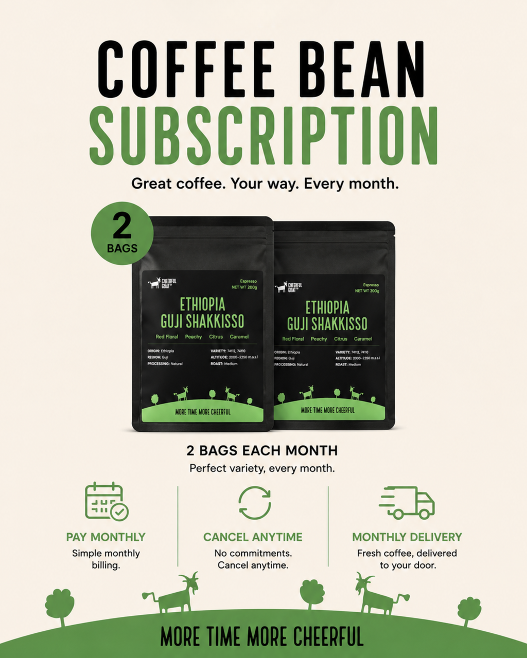 Cheerful Goat Ethiopia Guji  Shaakisso SOE Coffee Bean - Monthly Subscription