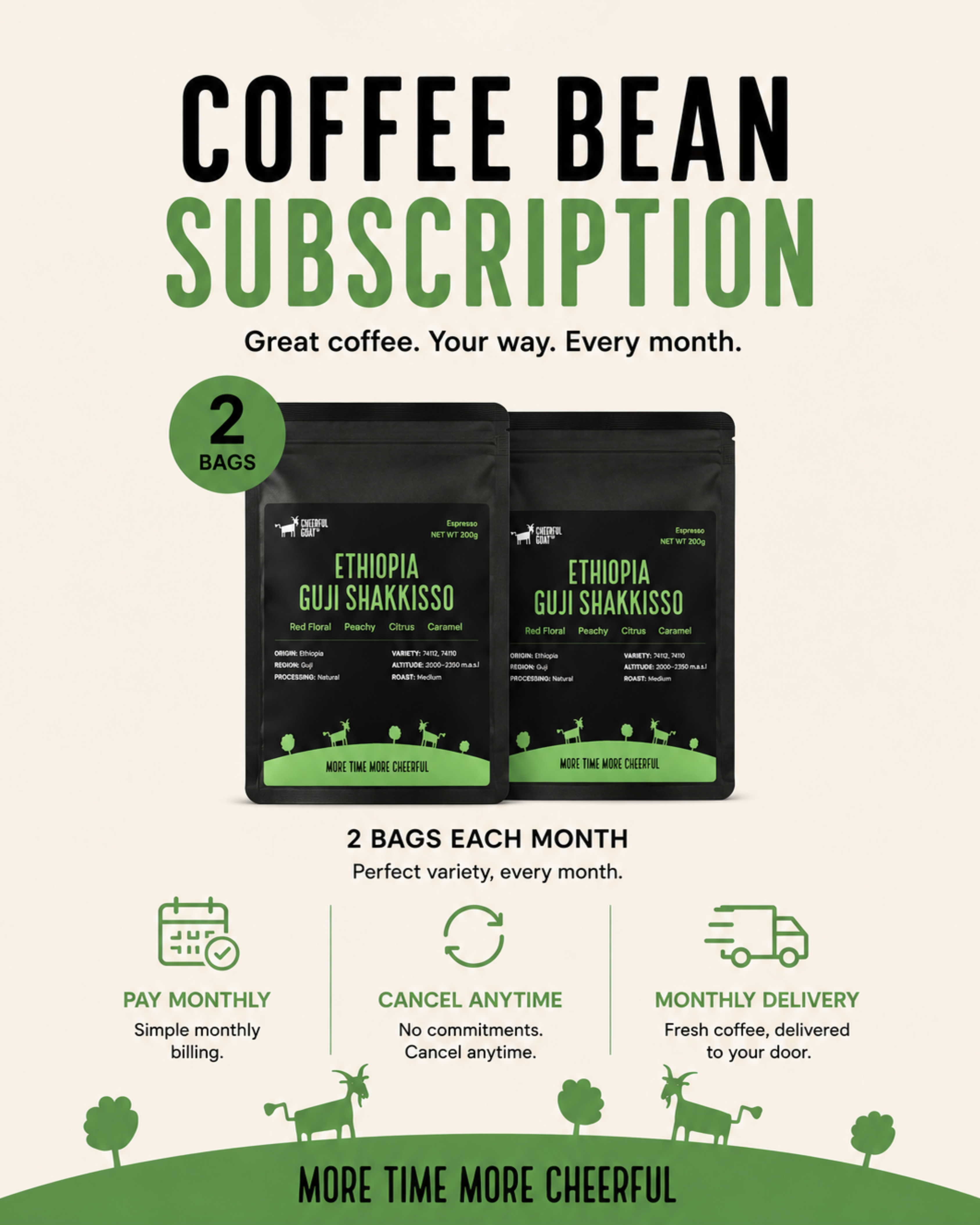 Cheerful Goat Ethiopia Guji  Shaakisso SOE Coffee Bean - Monthly Subscription
